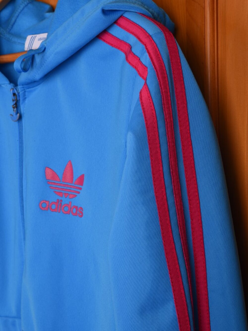 Adidas Originals Womens Blue Jacket Pink Stripes Trefoil Zip Up Hoodie Large